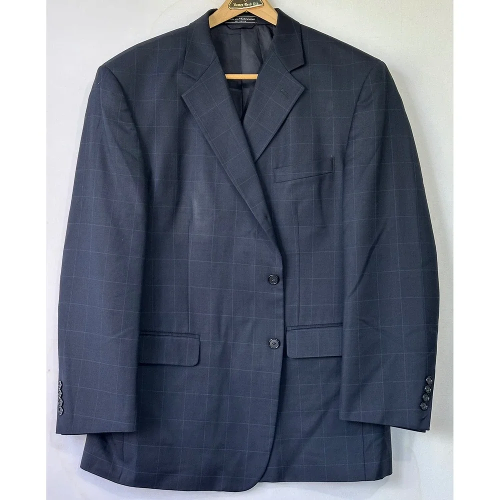 Bill Blass Blazer Windowpane Worsted Wool Mens 46R Navy Blue Excellent